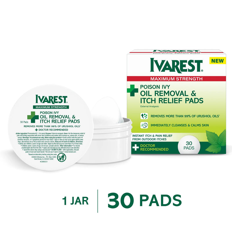 [Australia] - Ivarest Poison Ivy Oil Removal and Itch Relief Pads, 30 Count, Poison Ivy Wipes, Max Strength, Poison Plant and Insect Bite Relief, Poison Ivy, Oak, Sumac Treatment, Anti-Itch, Medicated, 30 ct. 