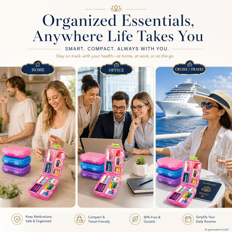 Large Pill Organizer with 161 Medicine Labels, Travel Pill Case | Blue Large pill case with 10 compartments and 161 medicine labels for 7-day planning, vitamins, supplements, daily use