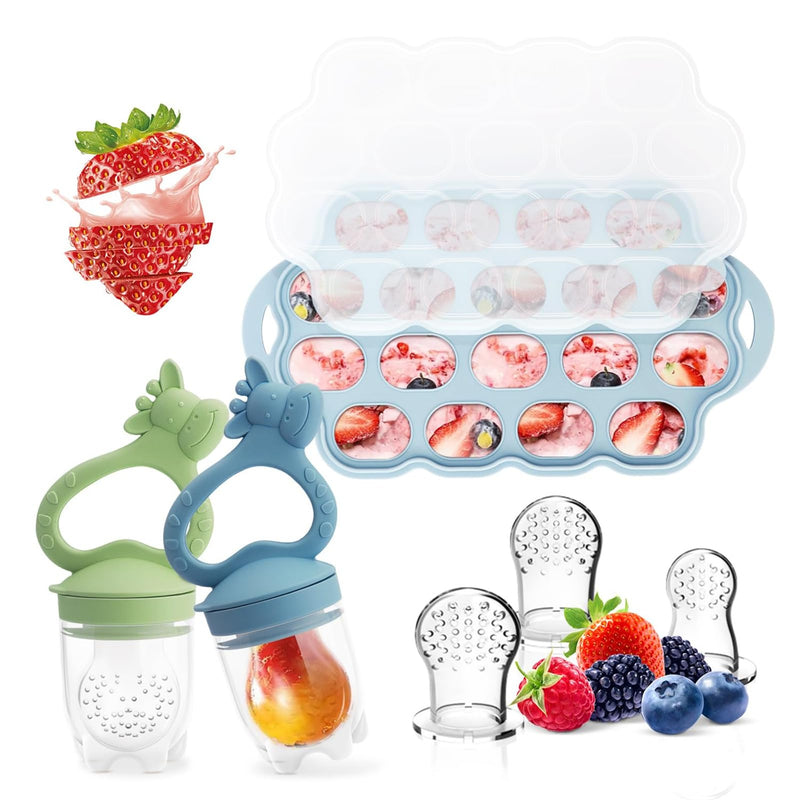 Baby Fruit Food Feeder Breastmilk Popsicle Molds for Teething Relief, Introduce New Foods, Silicone Freezer Tray with Lid, includes 6 Food Pacifiers (Blue & Cyan) Blue & Cyan