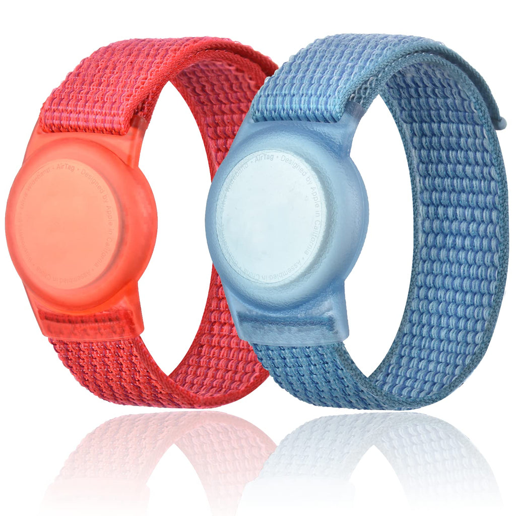 2 Pack Kids Wristband Compatible with Apple AirTag, Protective Case for Air Tag GPS Tracker Holder with Nylon Bracelet, Adjustable Anti Lost Watch Band for Toddler Child Elder (Red & Blue) Red & Blue