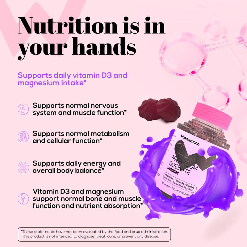 Wondermoon Magnesium Glycinate Gummies, Blueberry Flavor, 60 Gummies | Magnesium Gummies for Women -Supports Sleep, Calm, Muscle Relaxation -Magnesium Glycinate 400mg with Zinc, Vitamin D3, B6, E