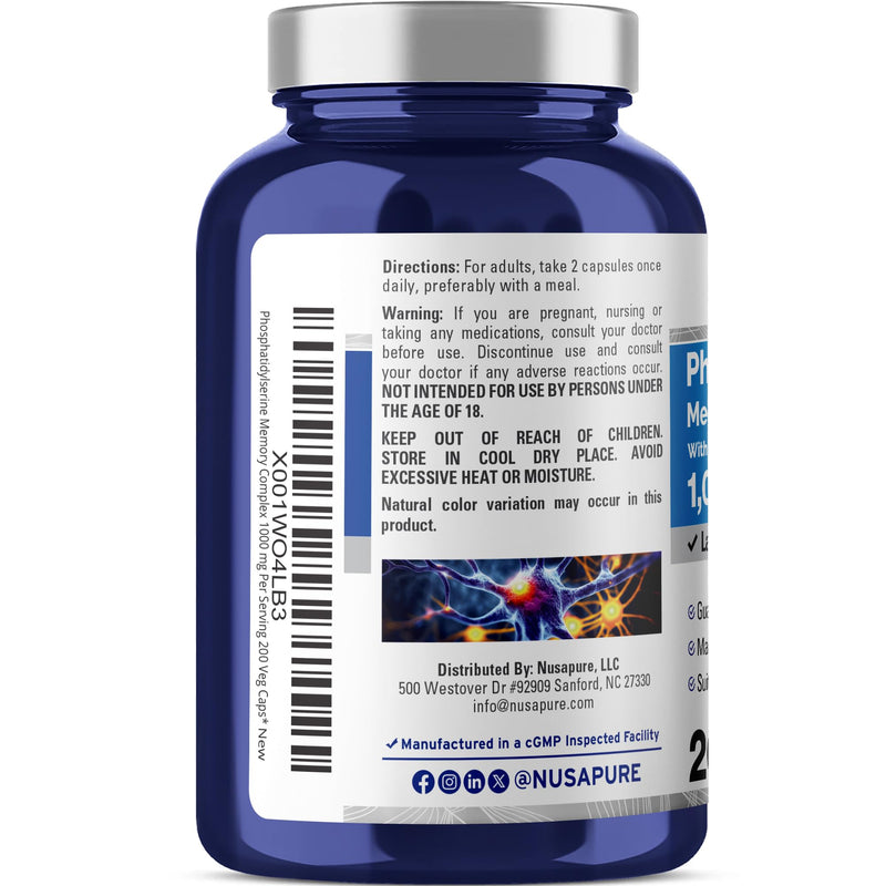 Phosphatidylserine Memory Ultimate Complex,1000mg, 200 Veg Caps -100 Serves | Vegan, Non GMO, 10:1 gingko Biloba, 4:1 Gotu kola, 4:1 Rosemary & DMAE, Suitable for Adults, Made in cGMP Facility USA 200 Count (Pack of 1)