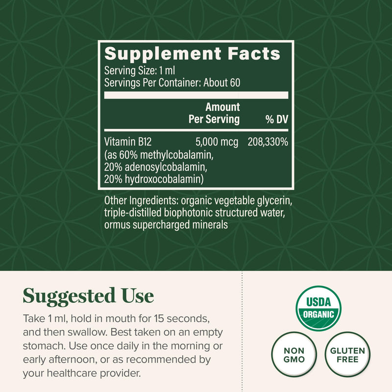 Vitamin B12 5000mcg Sublingual Liquid Drops, Methylcobalamin, Vegan (2 Oz) | Global Healing B12 Vitamins Sublingual Methylcobalamin Vitamina Para Mujer 2 Fl Oz (Pack of 1)