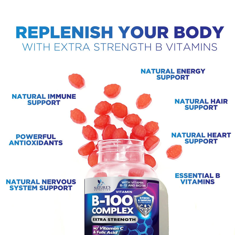 Vitamin B Complex Gummies - Extra Strength Super B Vitamin Gummy with Vitamin C, Immune Support for Men & Women - Energy and Brain Support Supplements with Folic Acid, Niacin, B6, B12 - 120 Gummies 120 Count (Pack of 1)