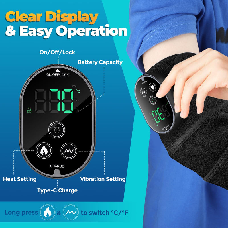 Cordless Heated Knee Massager with Vibration, FSA Eligible HSA, Heated Knee Brace Wrap Heating Shoulder Brace Support Wrap for Knee Elbow, Heating Pad with 6 Heating Levels, 3 Massage Modes&Timer Black