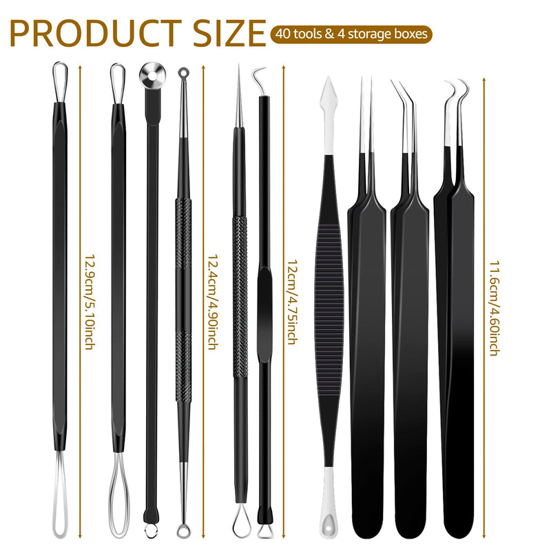 [Australia] - 40pcs Pimple Popper Tool Kit Stainless Steel Blackhead Remover Tool Comedones Extractor for Forehead Facial Nose Lightweight Acne Needle Tool with Metal Case for Travel Home Use Black 40pcs 