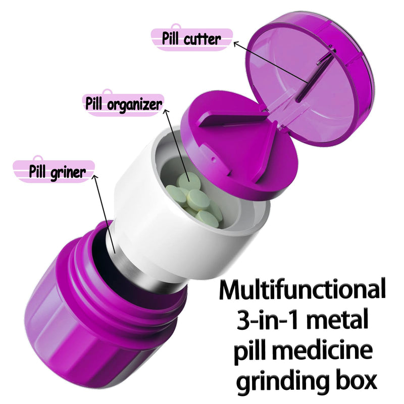 Pill Cutter Splitter for Small and Tiny Pills Vitamins Tablets, Built-in Storage Compartment, Pill Crusher Fine Powder with Stainless Steel Grinding Head,Pills Grinder with Pill Box Organizer (Purple) Purple