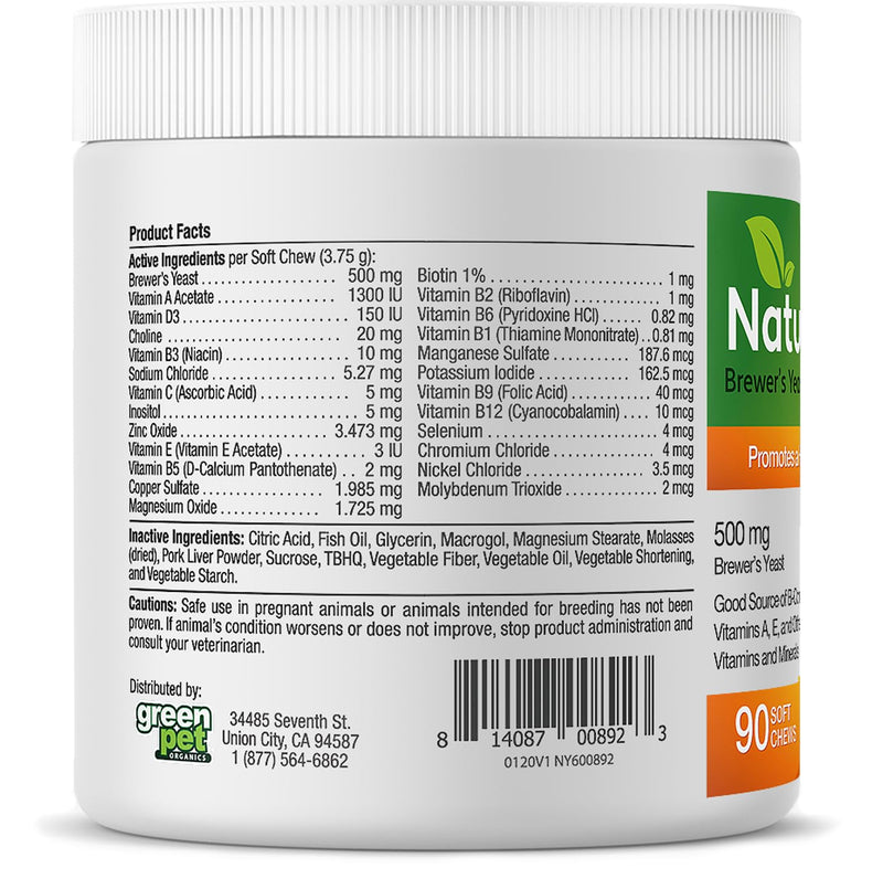 Green Pets Organics Natur-Yeast Brewer's Yeast for Dogs and Cats - Supports Immune System & Digestion, Promotes Healthy Skin & A Glossy Coat, 90 Soft Chews - PawsPlanet Australia