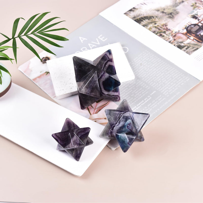 JIC Gem Colourful Fluorite Merkaba Crystal Natural Healing Crystal Stones Meditation Reiki 3D Star Dodecahedron Crystal Grid Home Decor Spiritual Gifts (8-9cm) 3.14-3.54 Inch