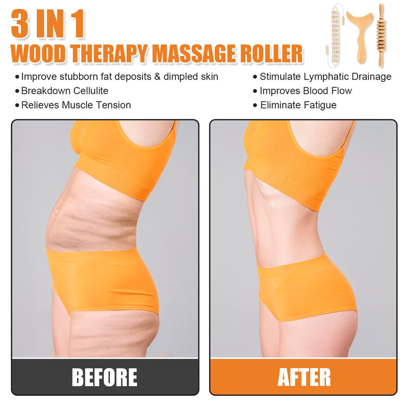 [Australia] - 3 in 1 Wood Therapy Massage Tool,Wooden Lymphatic Drainage Massager Maderoterapia Kit Professional Body Cellulite Massager for Body Sculpting,Contouring,Relief Muscle,Anti-Cellulite Back Massager+Roller Stick+Contouring Board 