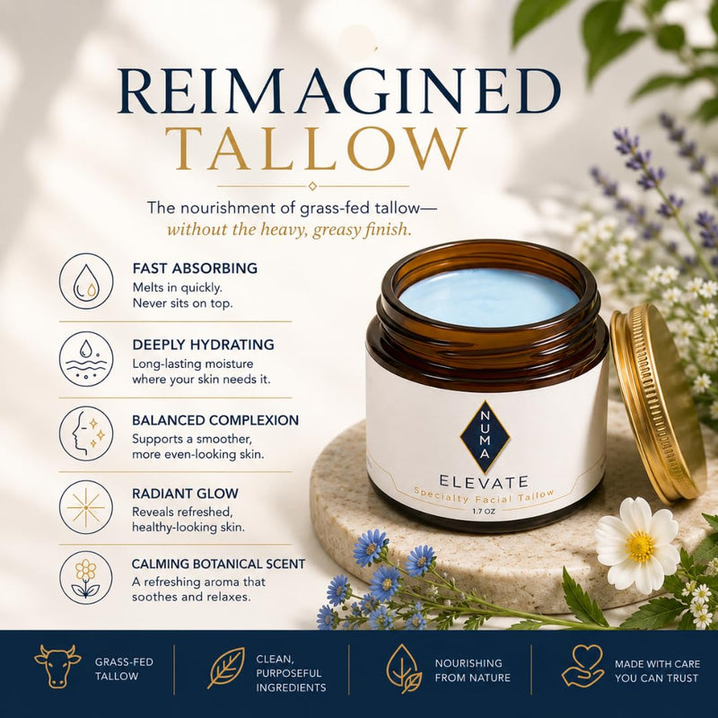 Numa Elevate Grass-Fed Tallow Face Moisturizer – Deep Hydration, Lightweight Fast Absorbing Facial Balm, Brighter, Healthier-Looking Skin, Methylene Blue, Blue Tansy, Vitamin C, Emu Oil, 1.7 oz