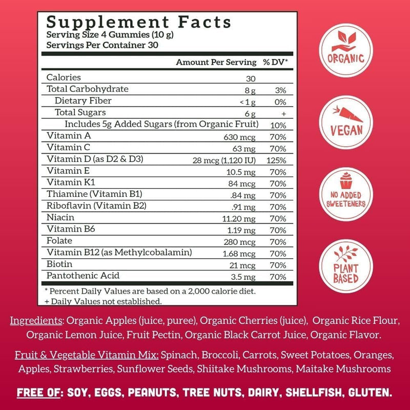 Llama Naturals Multivitamin for Women & Men, Vegan, Organic Gummies with Vitamin D, C & K, Adults Real Fruit Gummy Vitamins, Cherry and Strawberry, 120 Ct