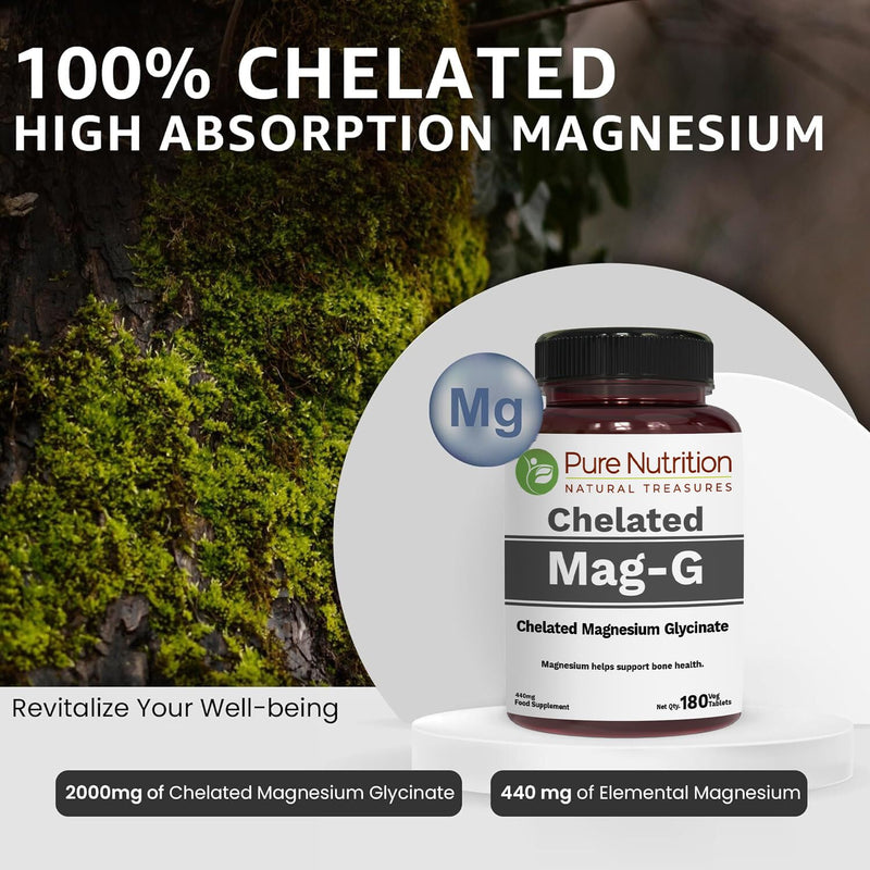 Pure Nutrition MagG - Chelated Magnesium glycinate Supplement | 180 Tabs | 440mg Elemental Magnesium | High Absorption Supplement to Support Overall Well Being