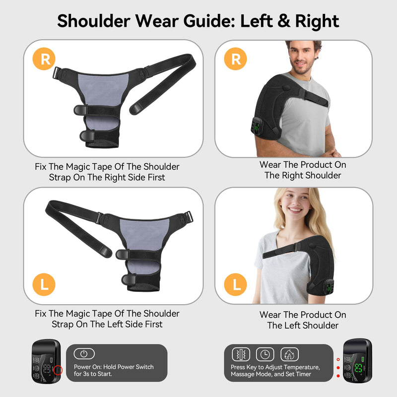 Cordless Electric Heated Massage Shoulder Wrap Pad with 3 Vibration and Heat Settings Hot Therapy for Shoulder Pain Relief, Black, One Size