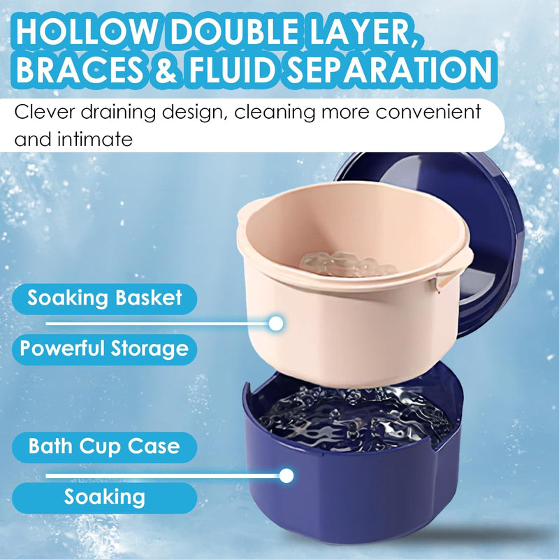 [Australia] - Braces box with strainer, portable denture box cover in blue, double layer hollow drain, effective cleaning box for orthodontic brackets 
