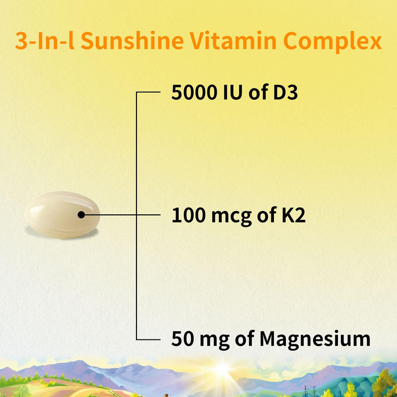 Vitamin D3 K2 5000 IU Softgels with Magnesium Supplement - & 120mcg MK-7 K2 for Bone Health & Immune Support - Non-GMO & Gluten-Free Softgels with MCT Oil- 30 Softgel 30 Count (Pack of 1)