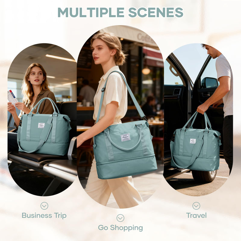 Travel Duffel Weekender Bag Women Tote Carry On Bags With Shoe Compartment | 18x14x8 inches Travel Overnight Bags with Trolley Sleeve for Airplanes Sport Tote Gym for Men Lightweight Daypack LightBlue.
