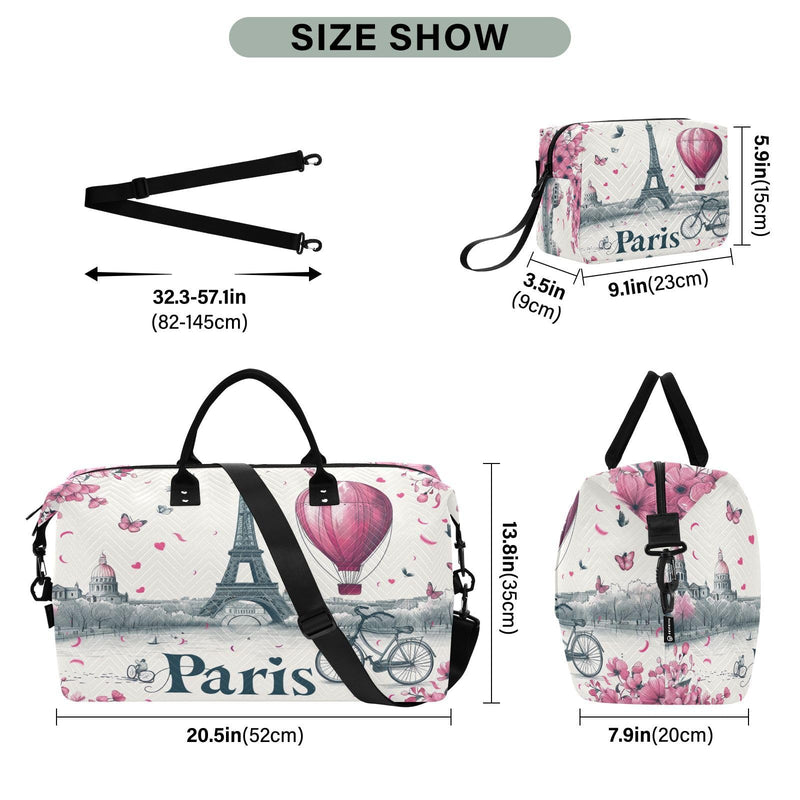 Kigai Romantic Paris Eiffel Tower Travel Duffel Bags 2PCS,Sports Duffel Bags for Men Women,Weekender Overnight Bag Gym Tote Bag with Toiletry Bag