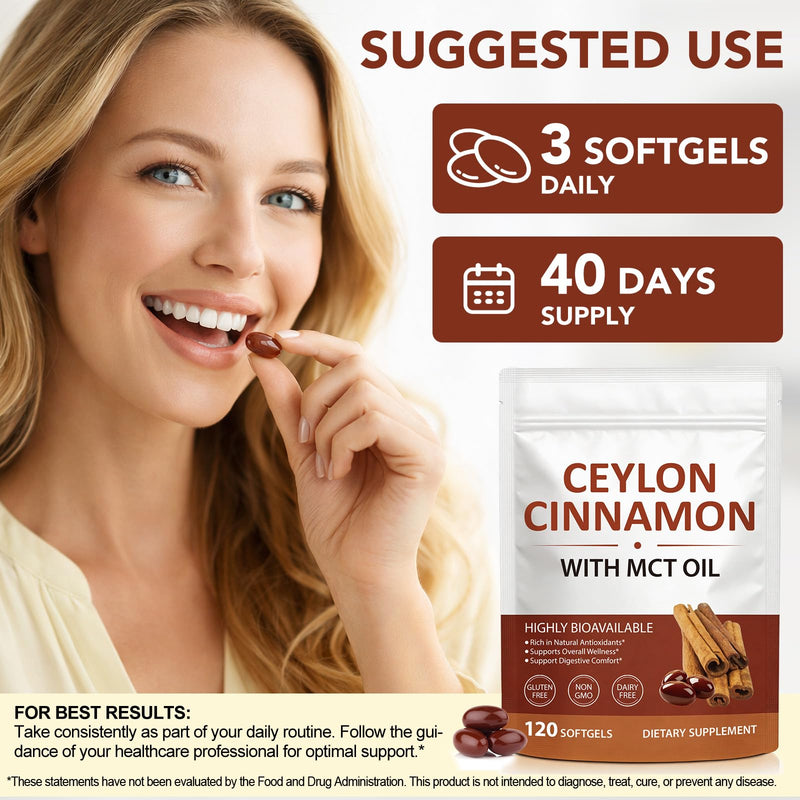 Ceylon Cinnamon Softgels with MCT Oil – 600mg Cinnamomum Verum Extract, High Absorption Formula for Daily Wellness Support – Antioxidant & Digestive Comfort – Non-GMO, Gluten-Free – 120 Softgels