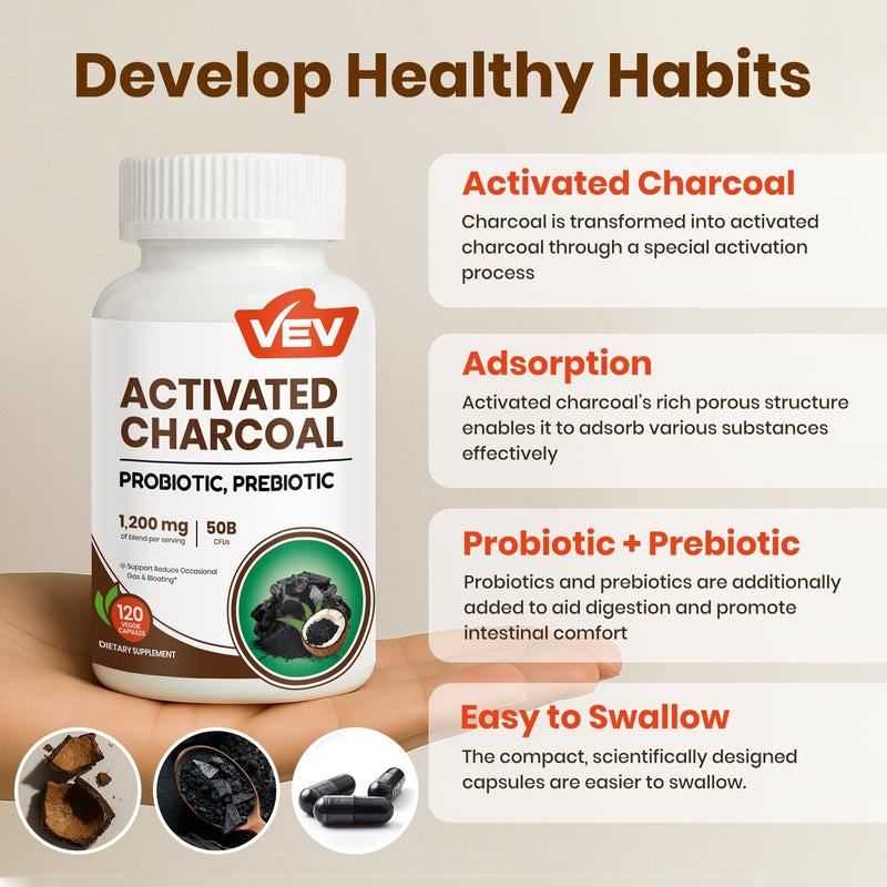 [Australia] - VEV Activated Charcoal with Organic Coconut Shell Charcoal & 50 Billion Probiotics ‚Äì 120 Vegan Capsules for Digestive Wellness & Dietary Support 