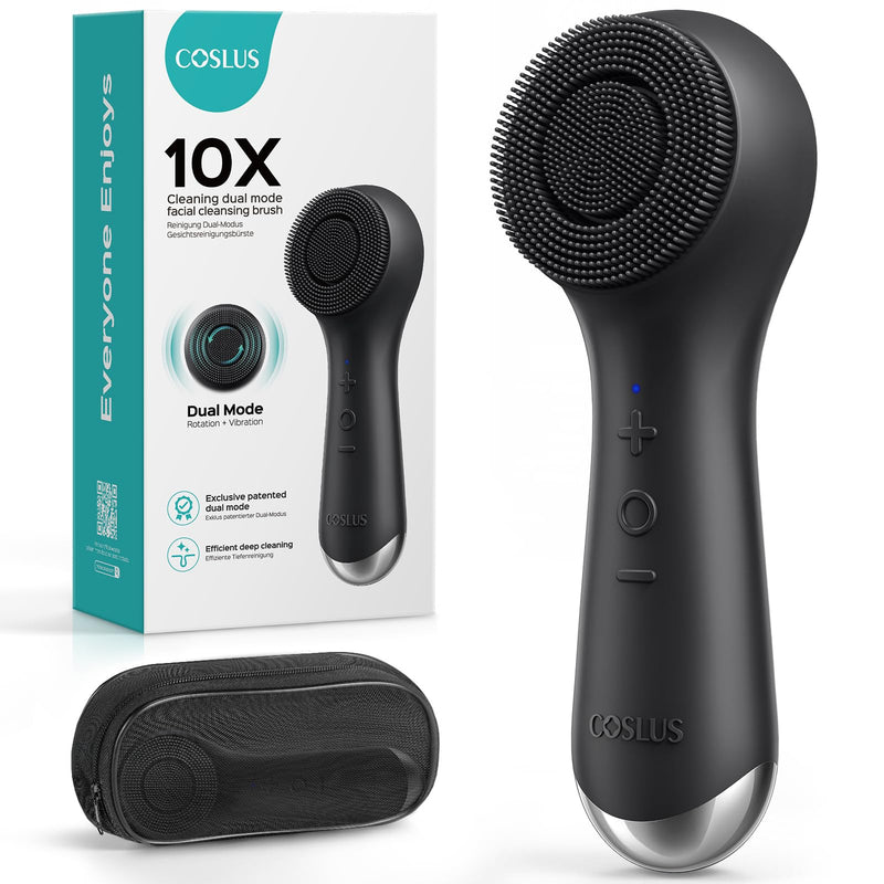 COSLUS Face Scrubber Facial Cleansing Brush: 2 in 1 Spin and Vibration Patented Tech, Silicone Electric Exfoliator Scrubber with Automatic Foaming, Waterproof Face Cleanser Brush for Men and Women Black