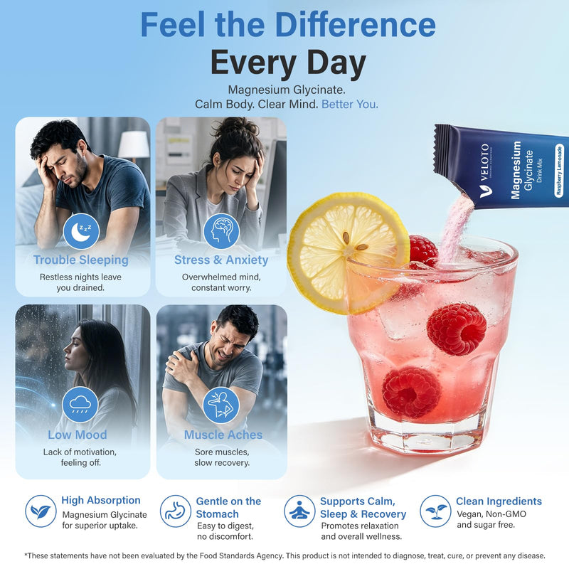 Cortisol Calm Drink Sachets, Magnesium Glycinate Powder with Ashwagandha, L-Theanine & Vitamin D3, Stress Relief, Sleep & Relaxation Support, Sugar-Free, Non-GMO, 30 Sticks, Raspberry Lemonade Flavour