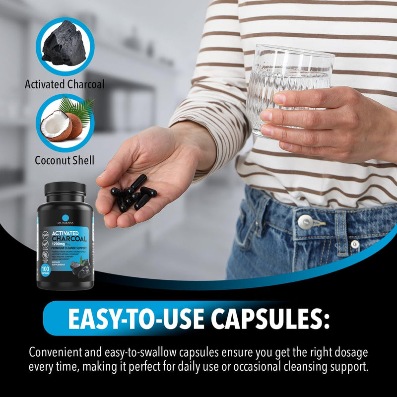 [Australia] - Dr. Robaina Activated Charcoal Capsules 1200 mg ‚Äì Coconut-Shell Carbon for Gas & Bloating Relief, Digestive Comfort & Next-Morning Support ‚Äì Vegan ‚Ä¢ Non-GMO ‚Äì 100 Count, USA Made 1 Unit 