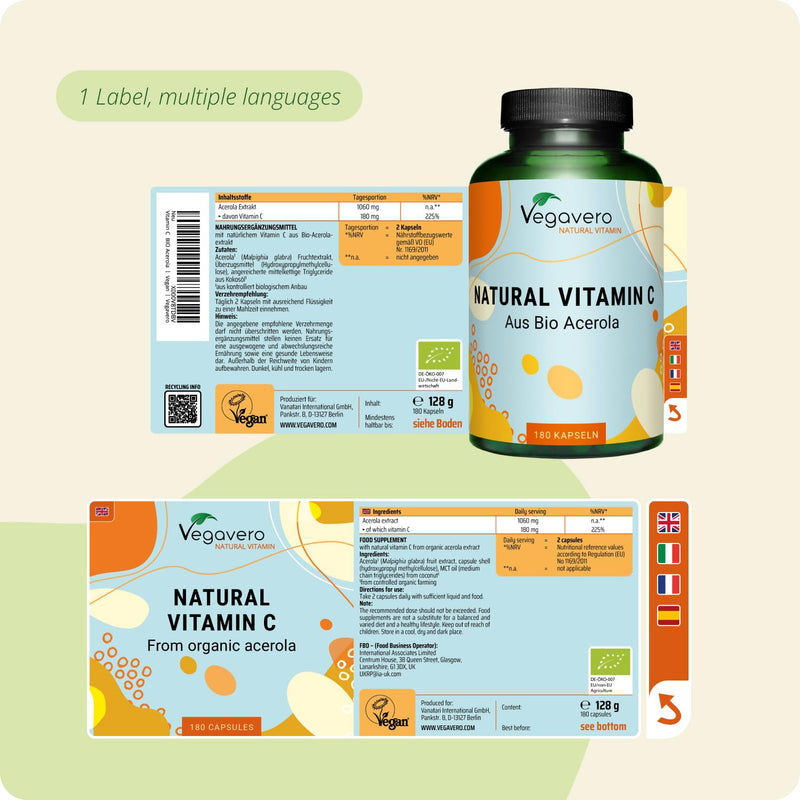 Vegavero Natural Vitamin C Supplement | Organic VIT C from Acerola Cherry Extract | 225% NRV | NO Additives| 180 Capsules | Vegan