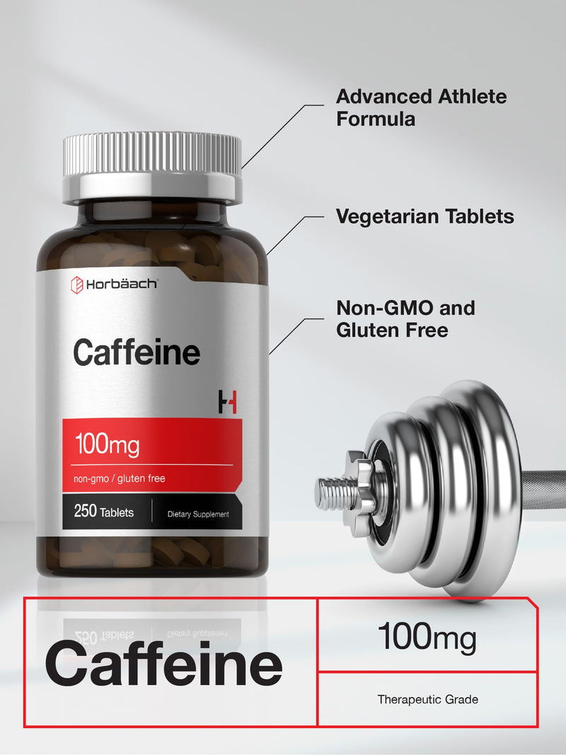 Horbäach Caffeine Pills 100mg | 250 Tablets | Vegetarian Formula | Non-GMO, Gluten Free Supplement