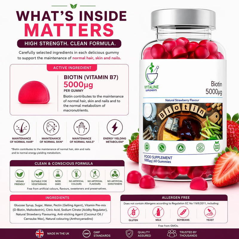 Biotin 5000mcg Hair, Skin and Nail Growth Support Gummy Supplement - 60 Natural Strawberry Flavour Chewable Gummies - 2-3 Months Supply – Vegan Friendly – for Men and Women