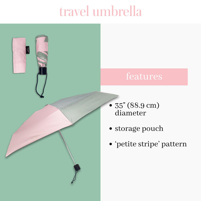 kate spade new york Mini Travel Umbrella with Storage Sleeve, Compact for Backpack or Car Petite Stripe