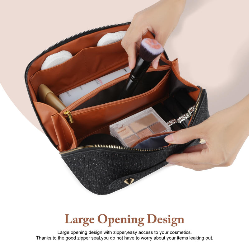 KEYPOWER Large Capacity Glitter Sequin Cosmetic Bag Black & 11PCS Makeup Brushes Bling Crystal AB Pink