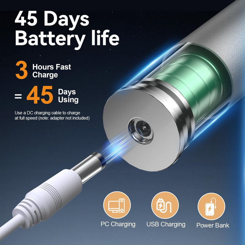 JTF Sonic Electric Toothbrush for Adults: 6 Brush Heads, 3 Brushing Modes, 2-Min Smart Timer, IPX7 Waterproof and Tongue Scraper, Deep Cleaning & Whitening, Rechargeable Toothbrush for Teeth & Braces Silver