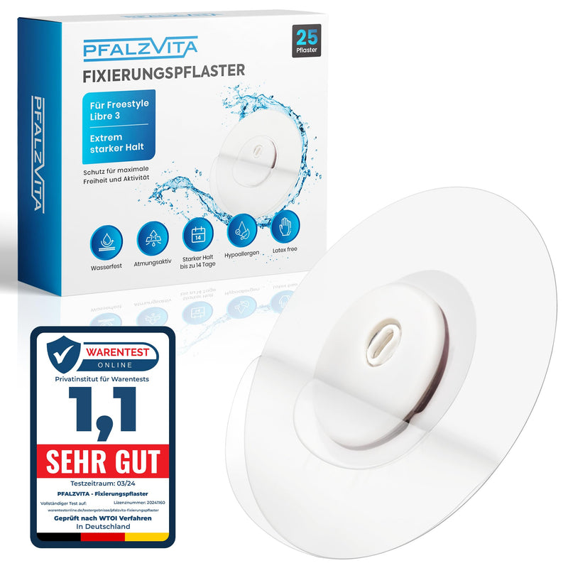 [Australia] - PFALZVITA® Freestyle Libre 3 Plasters - Pack of 25 Premium Waterproof Fixing Plasters for Freestyle Libre 3 Sensor - Skin-Friendly Self-Adhesive Extra Hold 14 Days without Glue in the Middle (Transparency) Transparency 