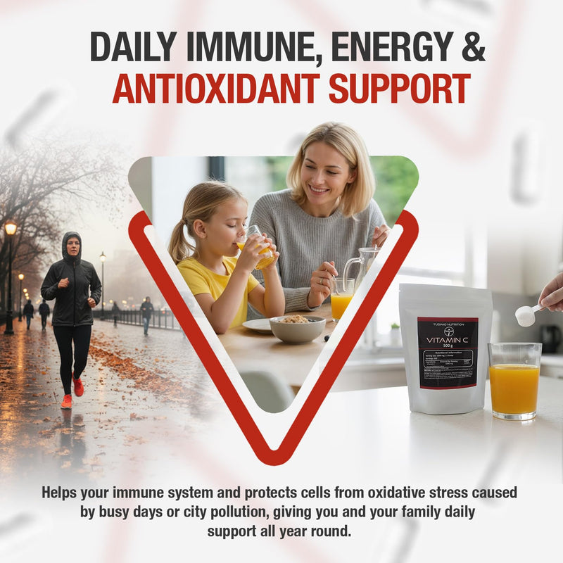 Vitamin C Powder 1000mg per Serving - Bulk Pack 500g | High Strength Ascorbic Acid, Multi-Use Immune & Wellness Support | Easy to Mix, 100% Vegan and Pure, Non-GMO | Scoop Included