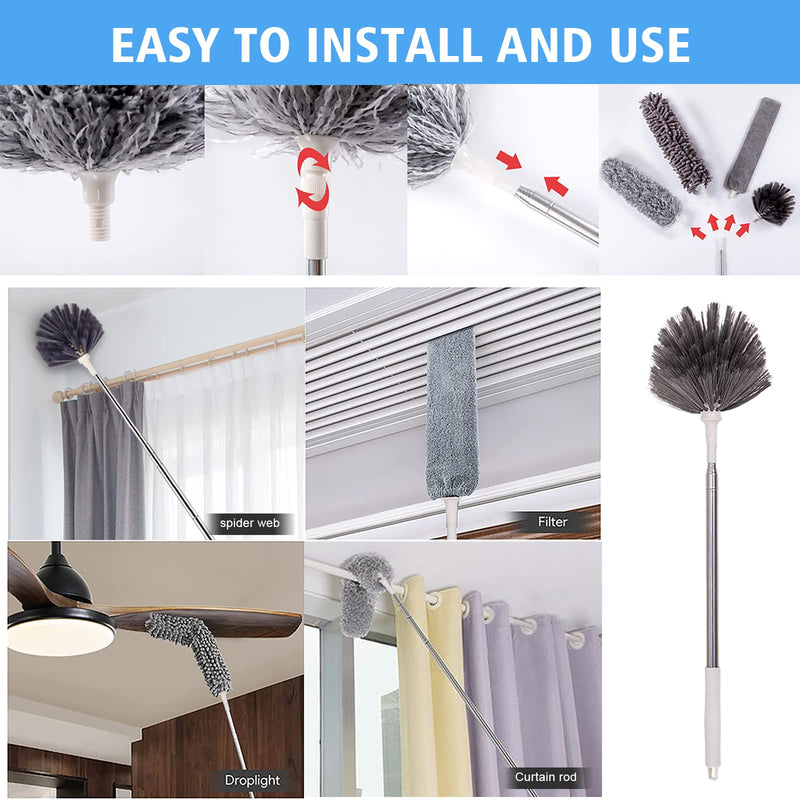 [Australia] - Microfiber Feather Duster 5-in-1 Kit, Dusters for Cleaning, Duster with Extension Pole 100 Inches, Cobweb Duster, Microfiber Dusters for High Ceilings and Fans, Blinds, Cars and Furniture A Gray 
