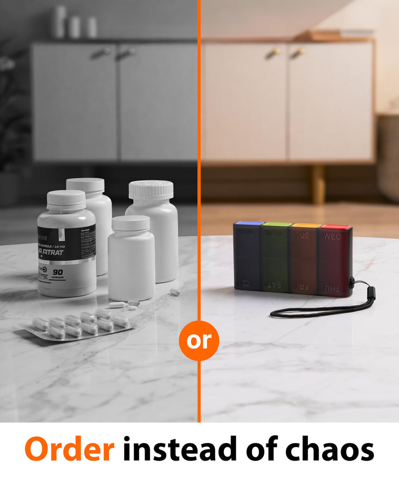 Travel Pill Organizer – Weekly Case for Once-Daily Use, Compact Pill Box 7 Day for Purse, Smooth Slide-Out Access, 8 Compartments for Daily Vitamins and Supplements, Easy to Use at Home or On the Go