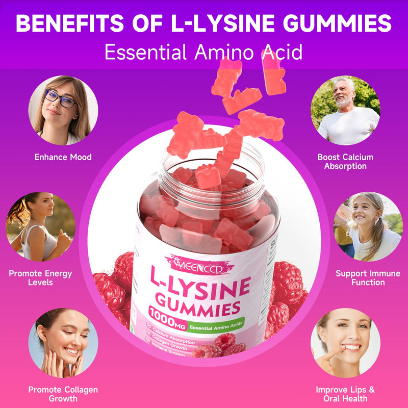 [Australia] - L-Lysine 1000mg Gummies, Lysine Supplement for Adults & Kids, Essential Amino Acid Supplement for Lips & Oral Health, Boost Immune & Collagen & Calcium, Sugar-Free, Raspberry Flavor, 60 Count 60 Count (Pack of 1) 