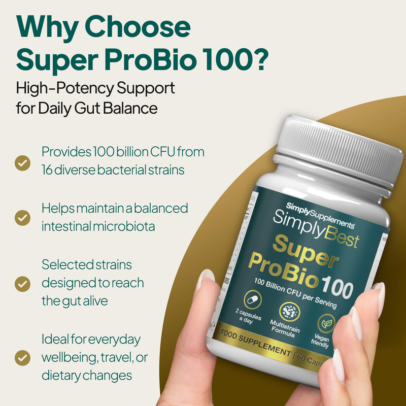 Super Pro Bio 100 | 100 Billion CFU per Serving | 16-Strain Live Bio Culture Complex | Helps Maintain a Balanced Gut Microbiome | Vegan Friendly | 60 Capsules = 1 Month Supply | Made in the UK
