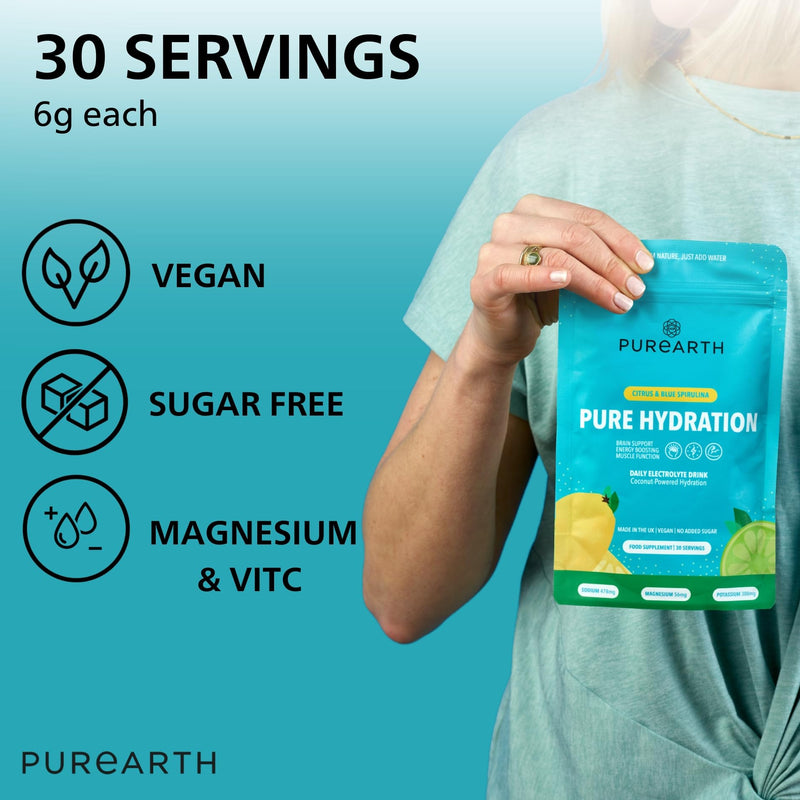Purearth Electrolyte Hydration Drink – Citrus & Blue Spirulina 180g | Sugar Free Electrolyte Powder with Magnesium & Coconut Water | for Energy, Recovery & Muscle Function | 30 Servings