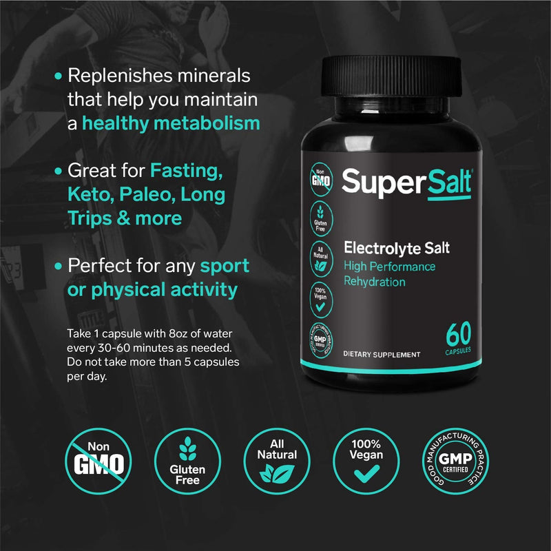[Australia] - Keto Electrolyte Supplement, Salt Replacement Tablets for Rapid Oral Rehydration & Post Workout Recovery, Magnesium, Zinc, Sodium, Copper | 60 Capsules | Stop Leg Cramps and Restore Energy 