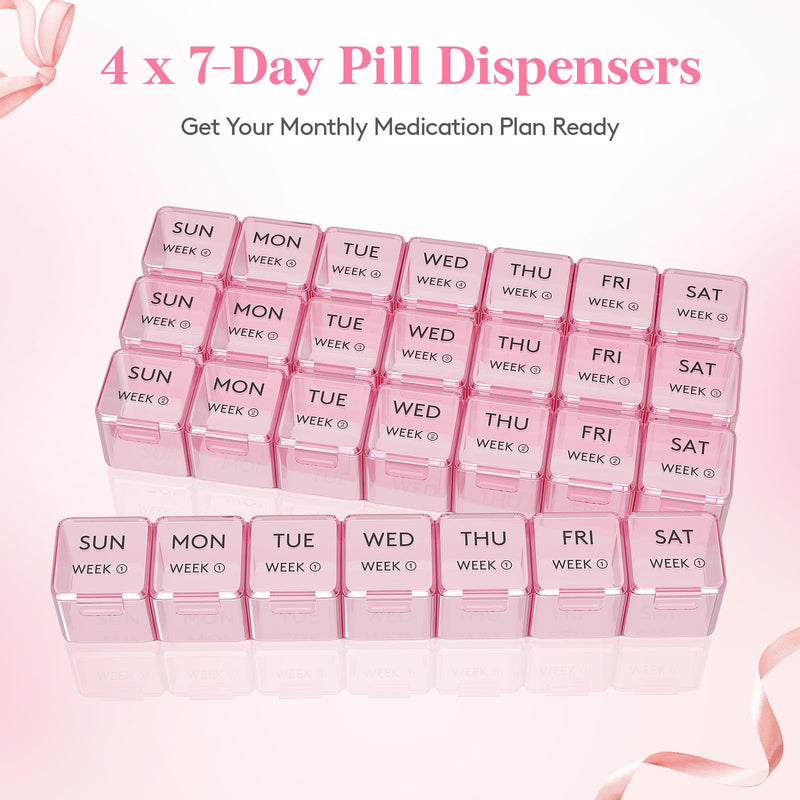 Lifewit Monthly Pill Organizer, 28 Day Pill Box, 4 Weeks One Month Vitamin Cases, Large Compartments Medicine Organizer for Fish Oils, Supplements, 28 Grids, Pink