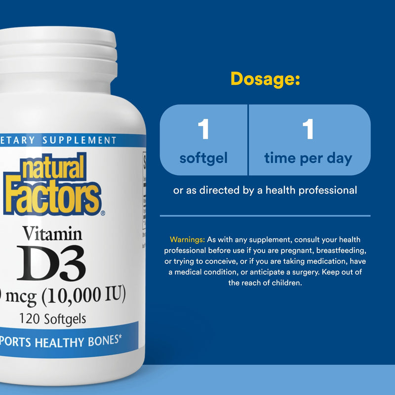 Natural Factors Vitamin D3 - Daily Supplement for Bone & Support - Vitamin D Supplement Aids Healthy Immune System Function - Supports Strong Joints & Knees - 120 Softgels (120 Servings) 120 Count (Pack of 1)