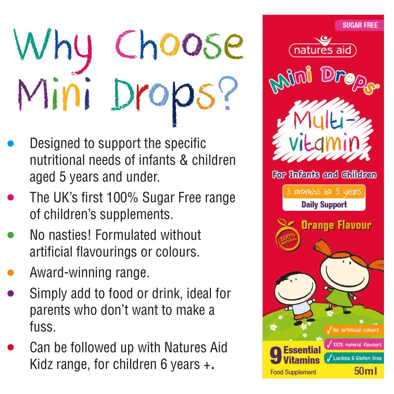 Natures Aid Orange Flavour Multi-Vitamin Drops for Infants and Children, 50ml | 9 Essential Vitamins, Support Growth & Immune Health, Age 0-5 Years Old, Sugar Free Vegan Non-GMO Gluten-Free