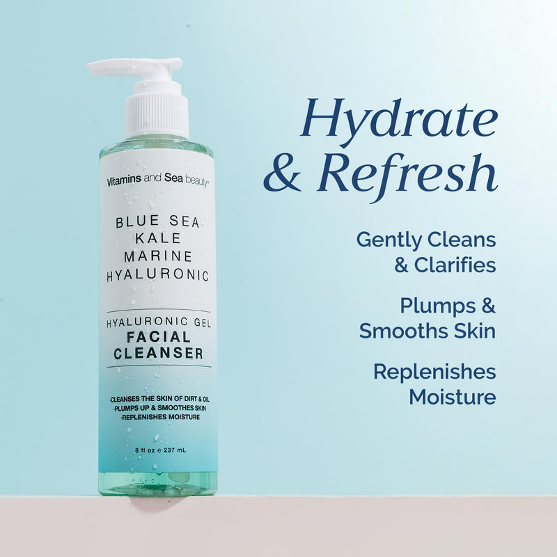 Hyaluronic Gel Facial Cleanser with Blue Sea Kale & Marine Hyaluronic – Hydration, Clarifying, Smoothing Replenishment – Vegan, Paraben-Free, 8 fl oz