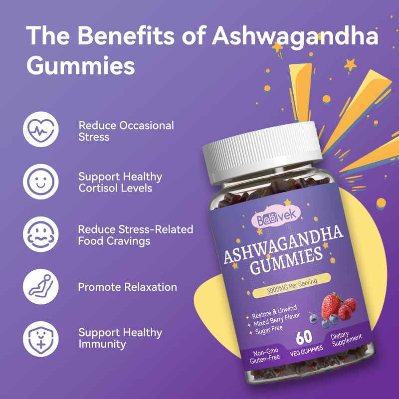 Ashwagandha Gummies 3000mg - 120 Count (60-Day Supply) for Stress Relief | Immune Support Ashwagandha Supplements with Maca, L-Theanine, GABA, Turmeric - Mixed Berry Flavor 60 Count (Pack of 2)