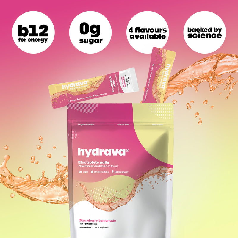 Electrolyte Sachets | 30 Pack | Sugar Free Electrolytes with Sodium, Magnesium, Vitamin C & More | Rehydration Powder with All Natural Flavours and Zero Sugar | Strawberry Lemonade
