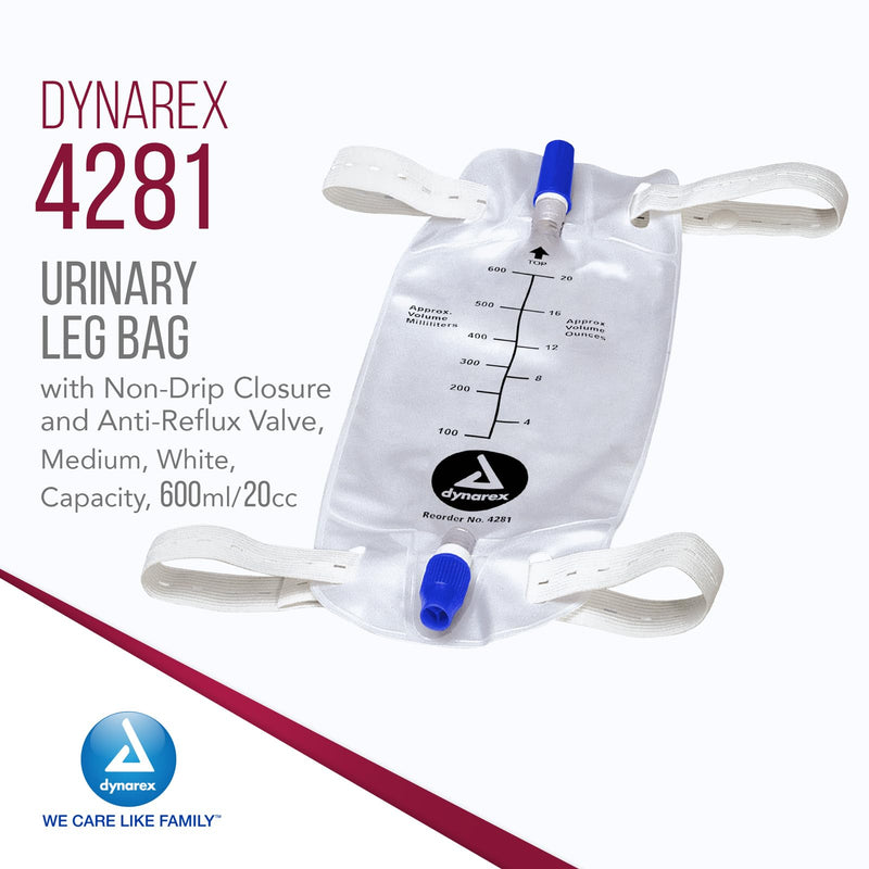 [Australia] - Dynarex Urinary Leg Bag, for Use with Catheter, has a Non-Drip Closure & Anti-Reflux Valve, 600 ml/20 oz Capacity, Medium, White, 1 Box of 12 Leg Bags 