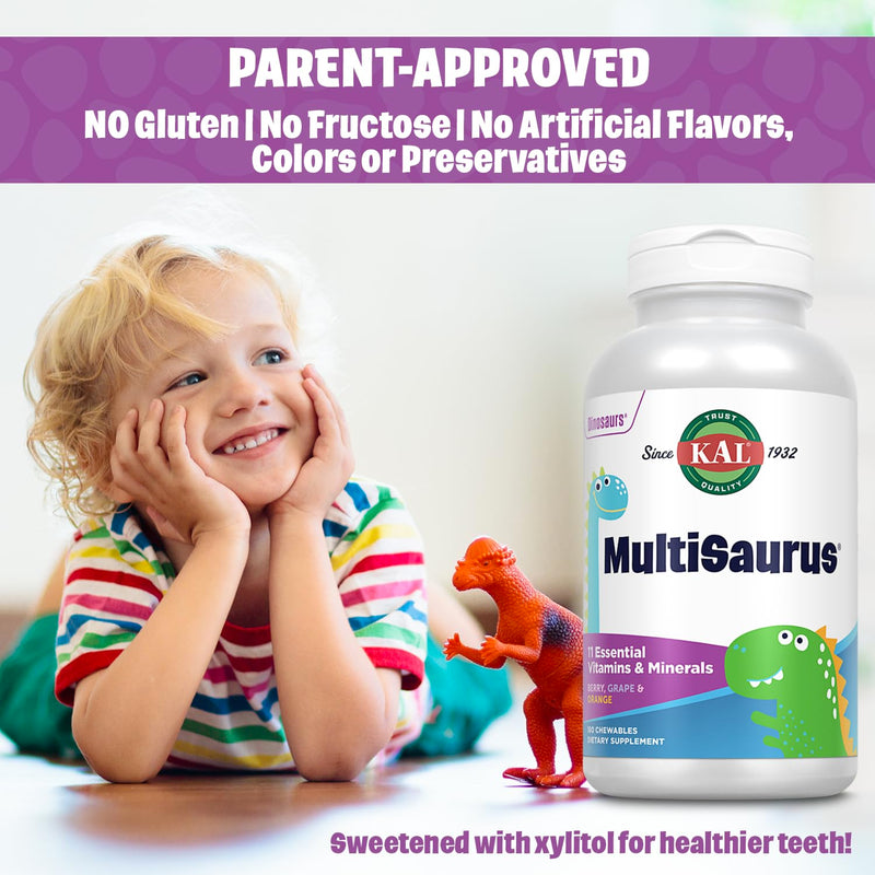 KAL MultiSaurus Kids Chewable Multivitamins, 11 Essential Vitamins and Minerals for Kids, Berry, Grape, Orange Chewables, Gluten and Fructose Free, 180 Servings, 180 Dinosaur-Shaped Chewables 180 Count (Pack of 1)