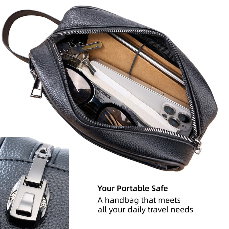 Toiletry Bag Anti Theft Lock PU Leather Clutch Bag for Travel | Ideal Gift Choice, Compact Carry Size, Holds Daily Essentials, Wrist Strap, Front Zipper Pocket, Reinforced Metal Hardware Black with Lock